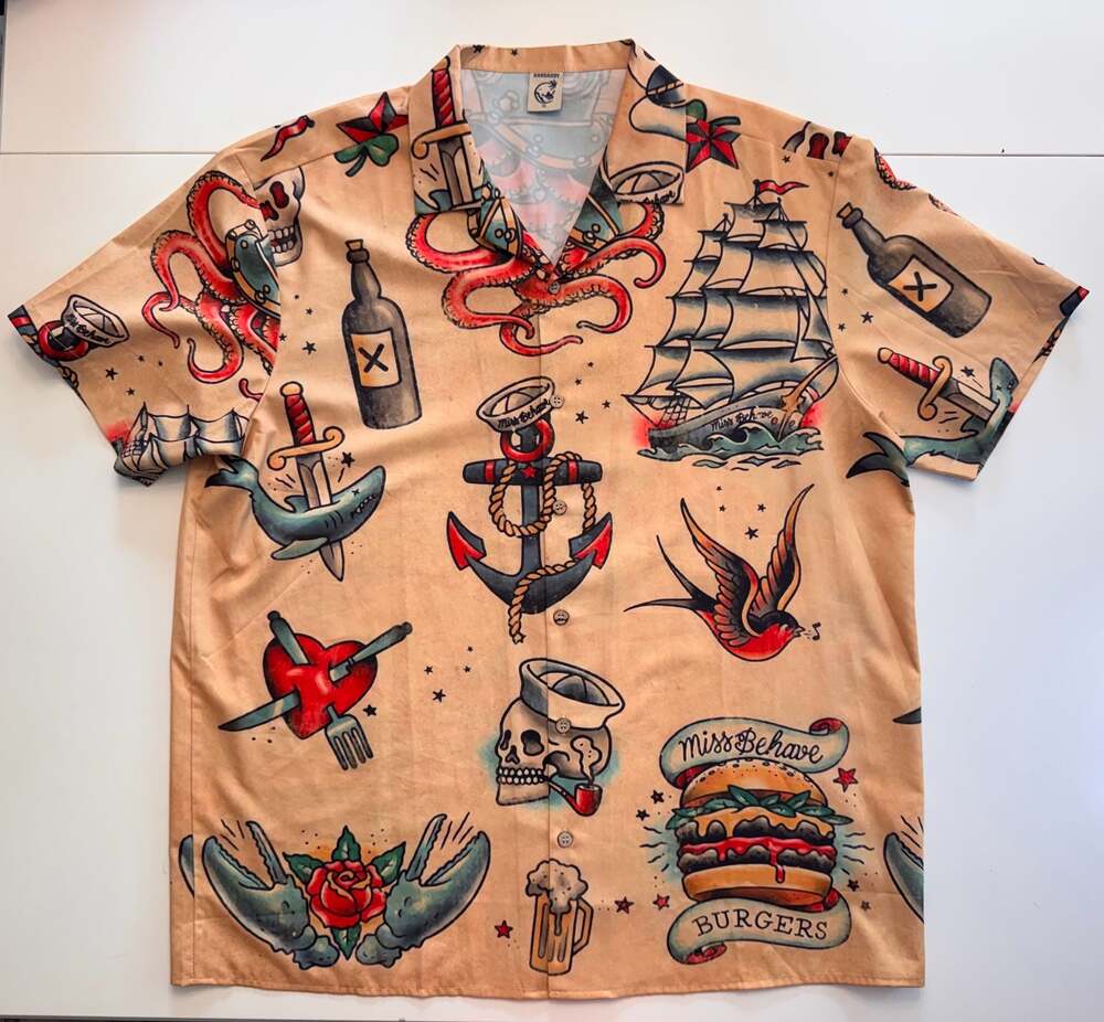 HARDADDY Men's Retro Nautical Sailor Tattoo Print Short Sleeve Hawaiian Shirt